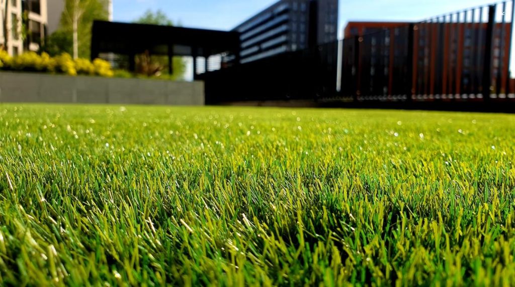 Close-up shot of artificial grass in a Canadian backyard
