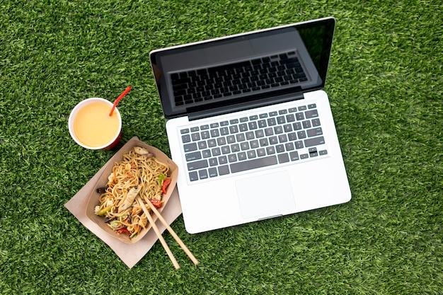 Food and laptop on synthetic grass