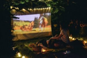 An outdoor movie setup