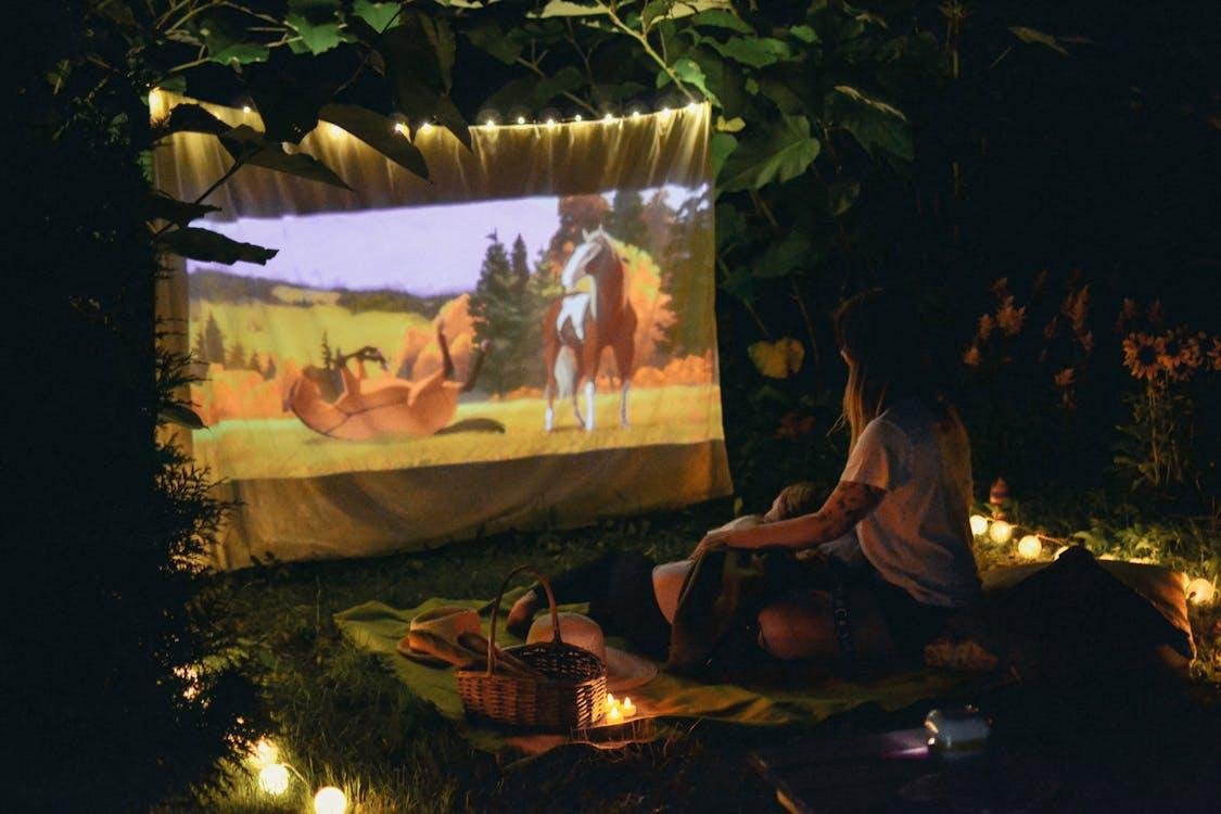 An outdoor movie setup