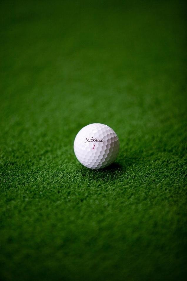 Golf ball resting on synthetic green grass