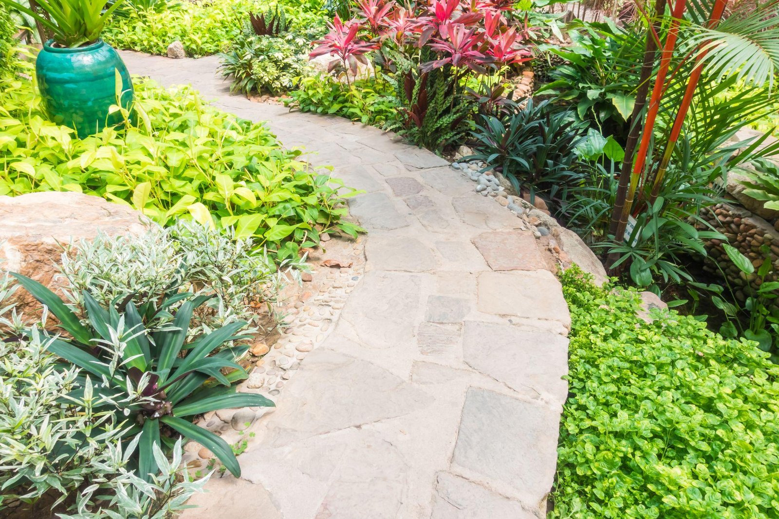 concrete curbing with different plants and pots on each side