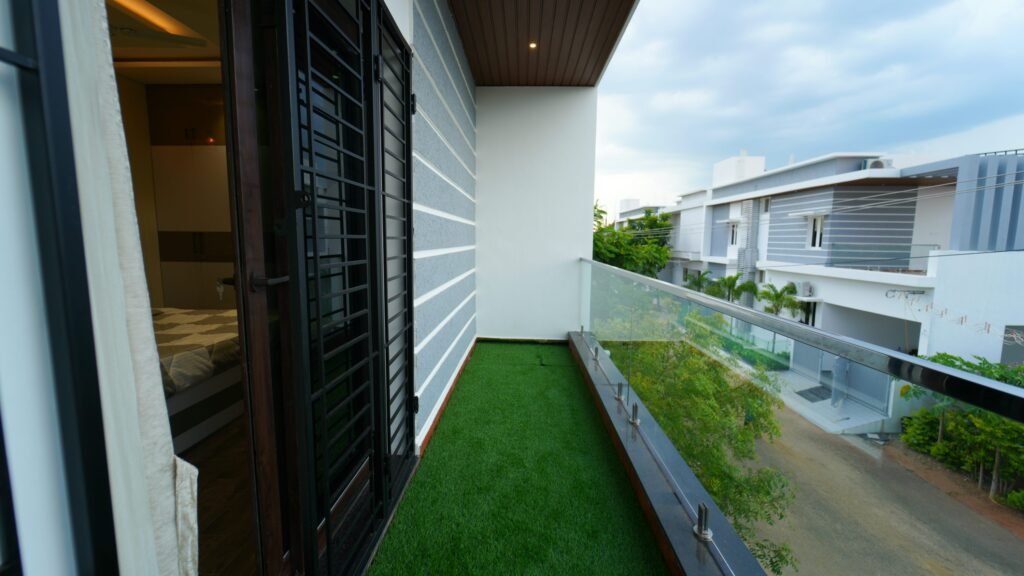 Balcony with artificial turf installation