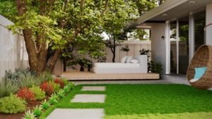 Modern backyard with outdoor seating areas designed for relaxation